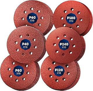 S&R 60 Pcs Sanding Disc Pads 5-Inch / 125 mm, Grinding Discs Sandpaper Sheet Grit 40/60/80/120/180/240 (10 Pcs Each), 8 Holes Hook-and-Loop-Fastener Quick Fitting for Random Orbital Sander