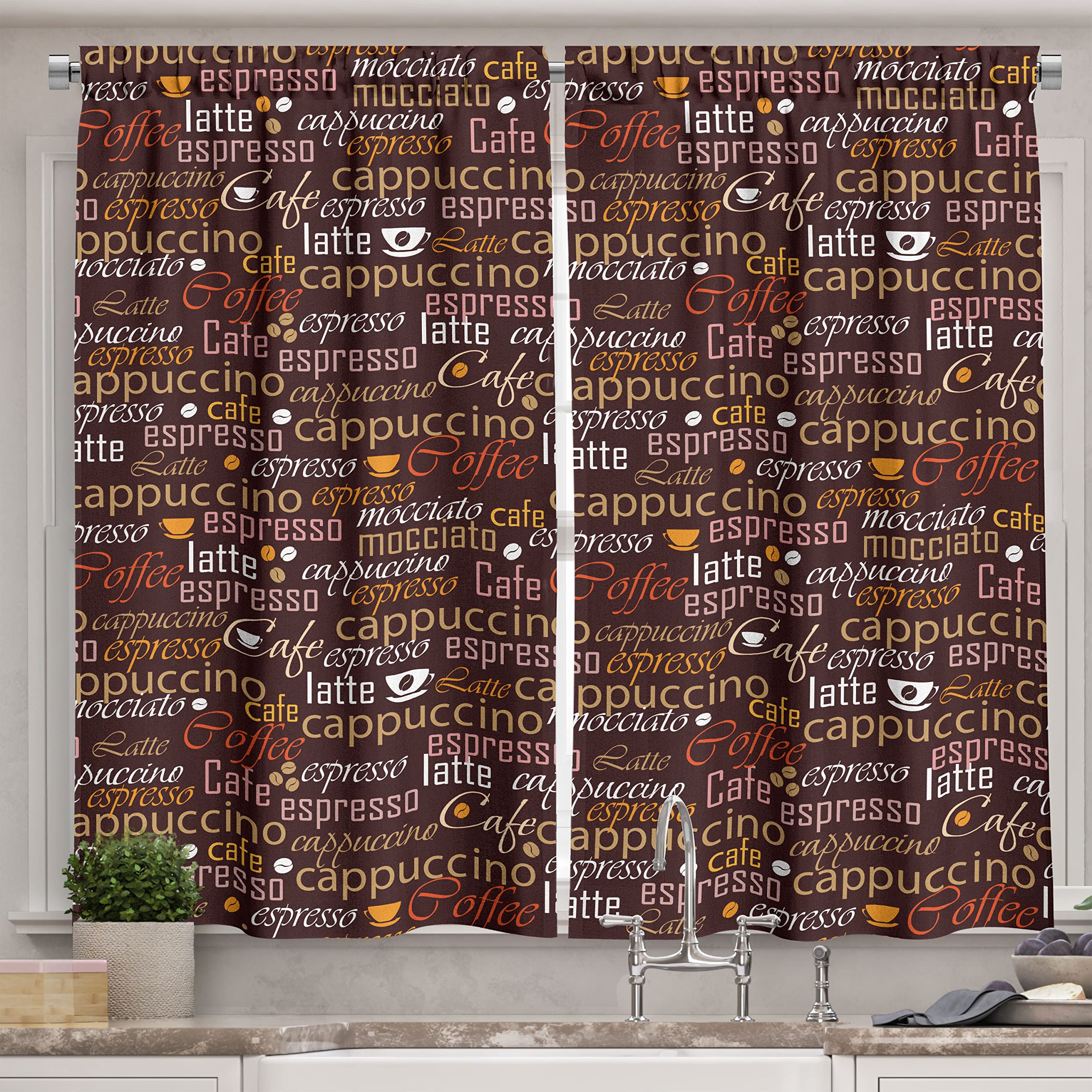 Ambesonne Tea Party Kitchen Curtains, Cafe Typography Coffee Culture Words Cappuccino Latte Illustration, Window Drapes 2 Panel Set for Kitchen Cafe