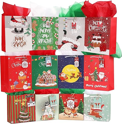 jabberwpacking Paquete de 12 bolsas de regalo de Navidad con papel de seda y etiquetas, varios tamaños, juego para envolver regalos de Navidad