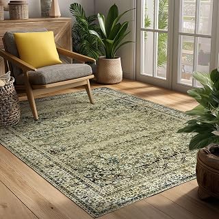 BILEEHOME Olive and Tan Rug 4x6 Vintage Floral Soft Area Rugs for Bedroom