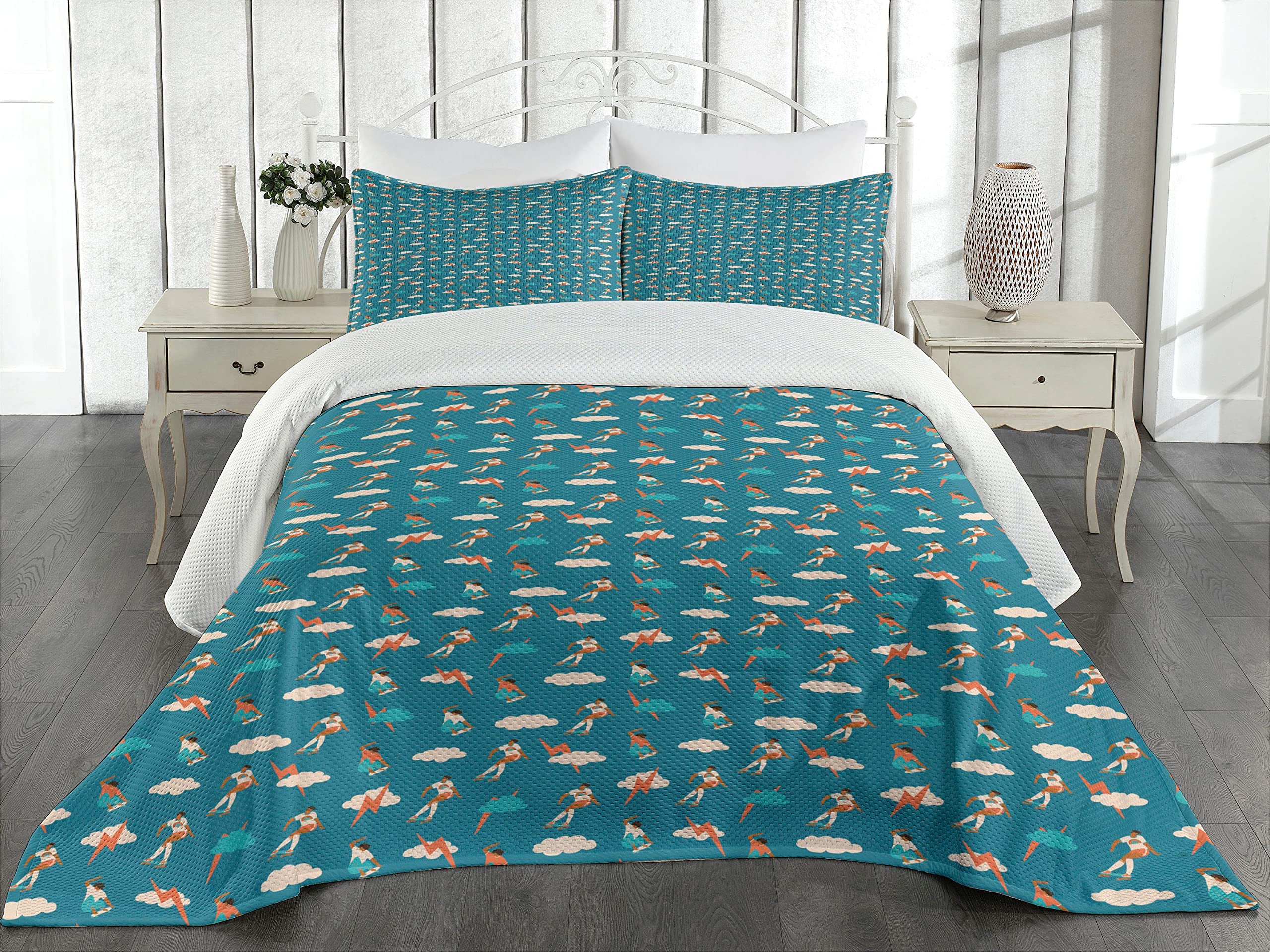 Ambesonne Skateboarding Coverlet, Repeated Pattern of Boy Motifs Making Moves on Skateboard Clouds, 3 Piece Decorative Quilted Bedspread Set with 2 Pillow Shams, King Size, Teal Sienna