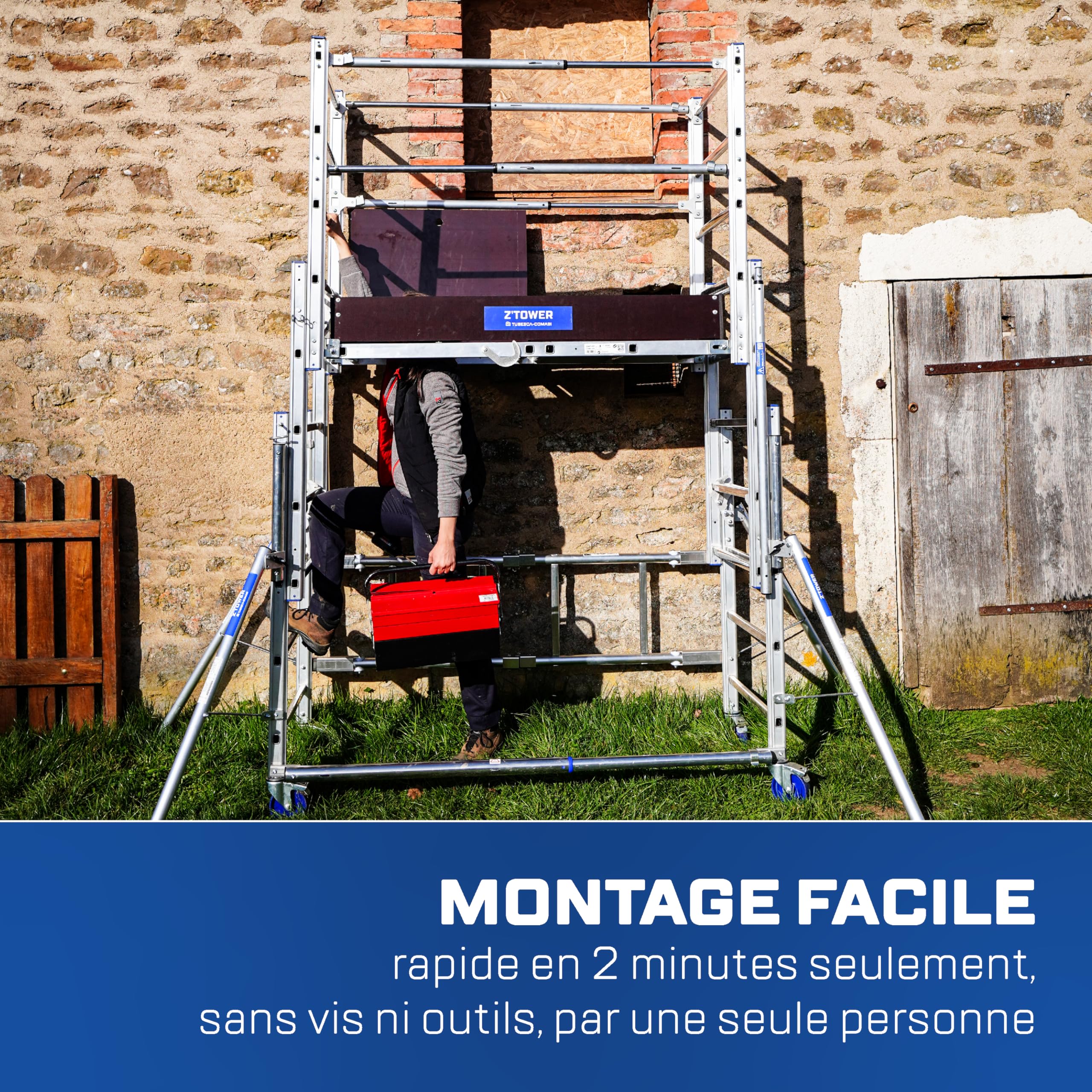 Tubesca-Comabi - Échafaudage Roulant Télescopique Z'TOWER - Ultra Compact, Usage Intensif - En Aluminium - 7 Niveaux de Plancher - Montage Ultra Rapide - Charge Max 200 kg - Fabriqué en France
