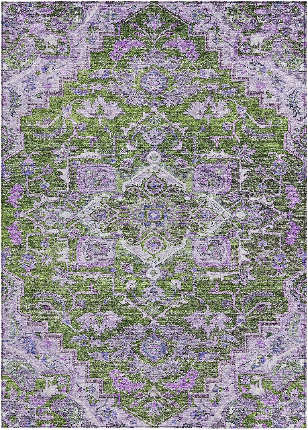 HomeRoots 5' X 8' Olive Green and Purple Oriental Washable Indoor Outdoor Area Rug