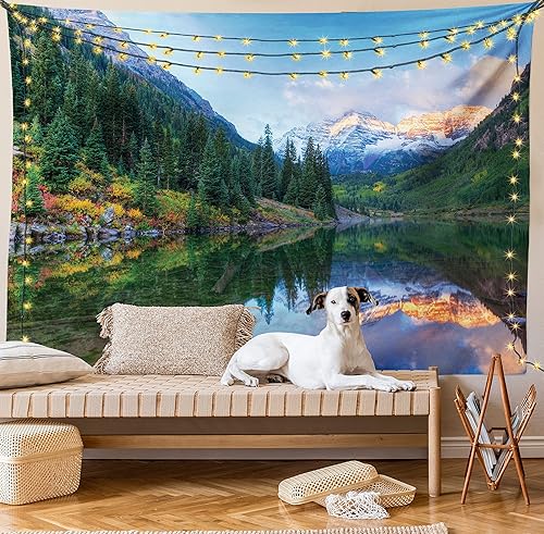 Miniatura 8 de Ambesonne Tapiz de paisaje, reflejo de campanas granates nevadas en otoño, impresión panorámica de imagen panorámica para colgar en la pared para