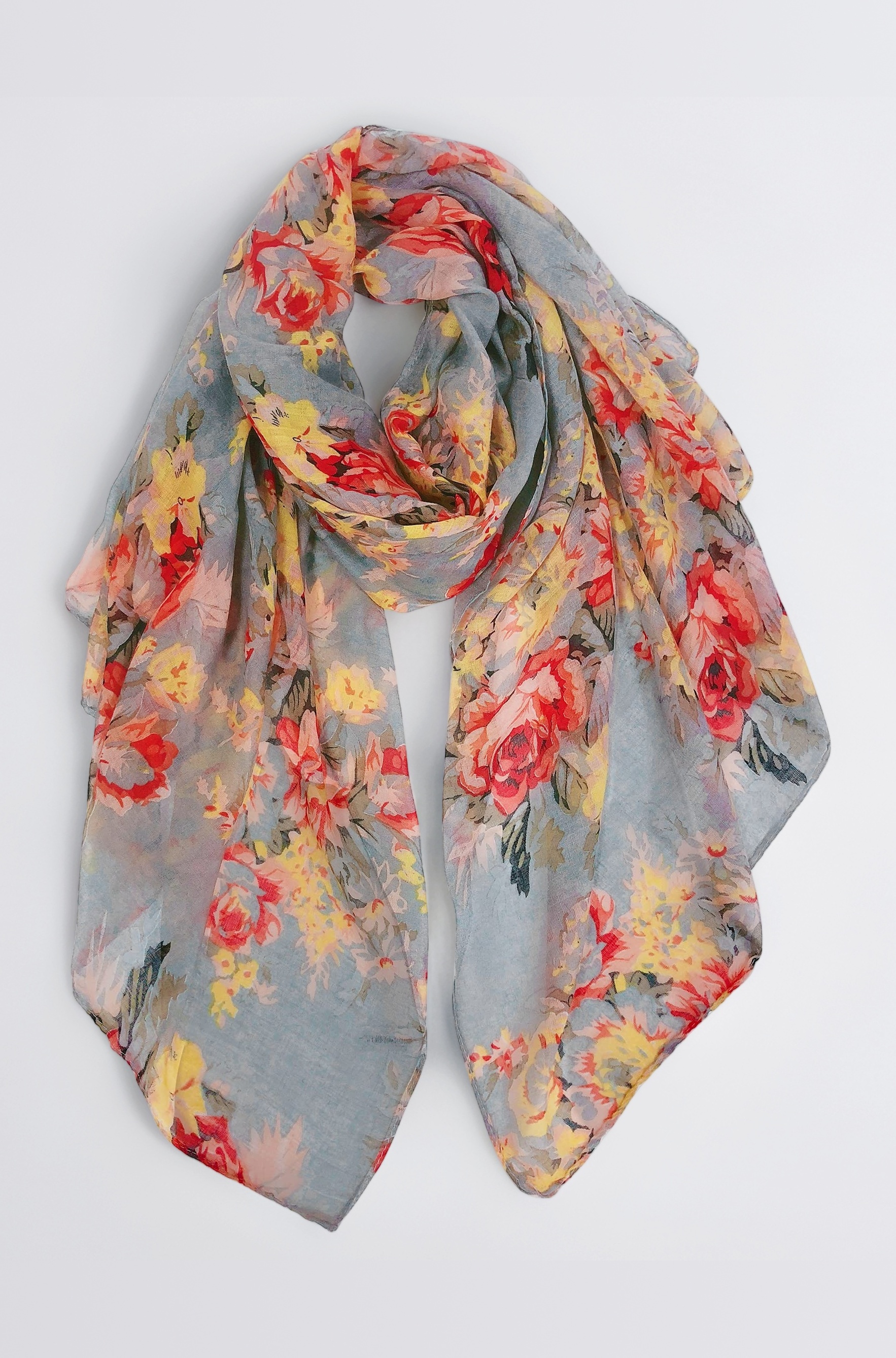 GERINLY Lightweight Scarves: Fashion Flowers Print Shawl Wrap For Women (Grey)