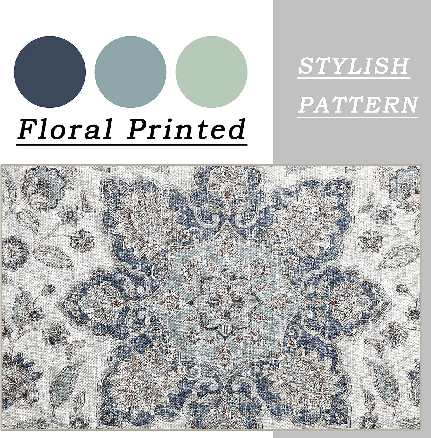 Central Park Blue Botanical Curtain Panel Linen Blended Vintage Medallion Floral Print Grommet Top Light Filtering Window Drapes 95 Inches Long for Bedroom/Living Room, Navy/Blue, 54"x95", 2 Panel