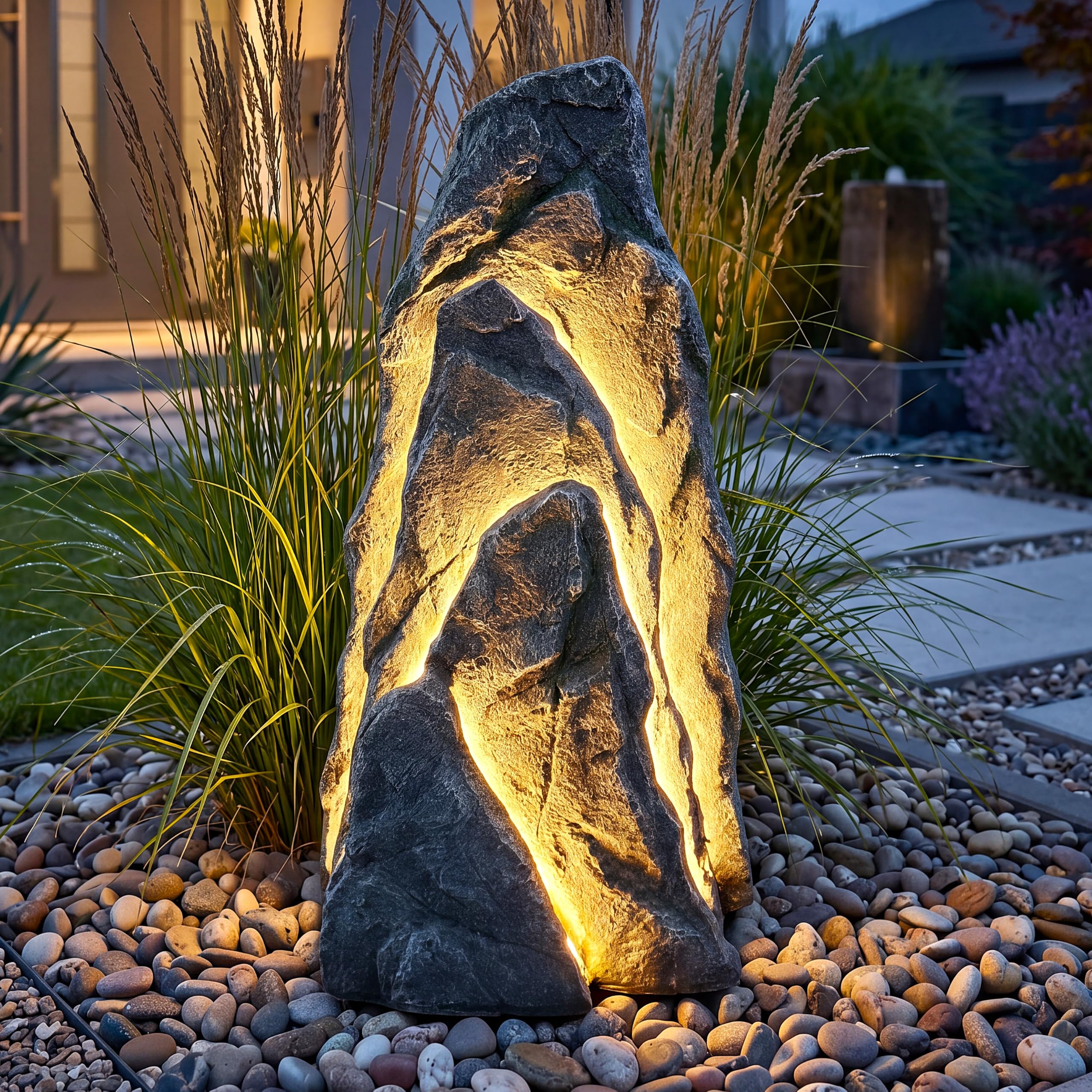Arnusa Großer LED Leuchtfelsen Gartenfelsen 80 cm, Kunstfelsen mit warmweißen LED-Stripes Gartenleuchte Gartendekoration Teichdekoration Gartenfigur beleuchtet mit Stecker