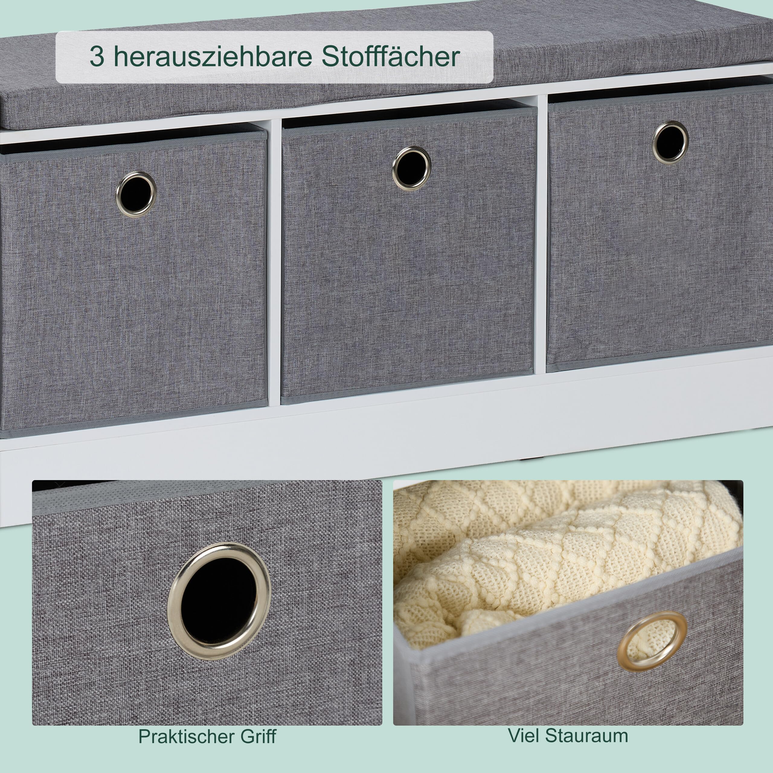 Relaxdays Sitzbank, Polsterbank mit 3 Stoff-Schubladen, HxBxT: 46 x 102 x 32 cm, MDF, Aufbewahrungsbank, weiß/grau