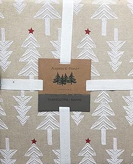 Aspen & Pine Fabric Holiday Tablecloth White Primitive Block Print Christmas Trees Red Stars on Tan 60 Inches x 102 Inches - coolthings.us