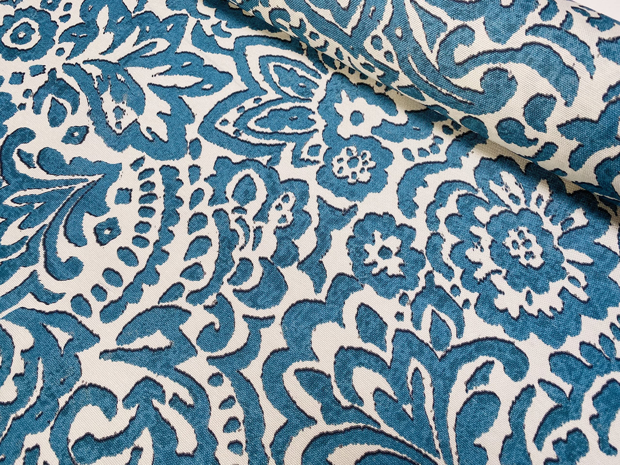 LushFabric Abstract Blue Floral Pattern Fabric Material Home Decor, Curtains, Upholstery - 140cm Wide Canvas - Blue & Cream (Sold by The Metre)