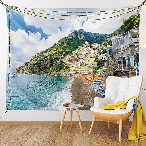Lunarable Tapiz de la costa de Amalfi, tumbonas y sombrillas en la playa, casas de pueblo antiguo Positano on Campania, Italia, decoración de tela