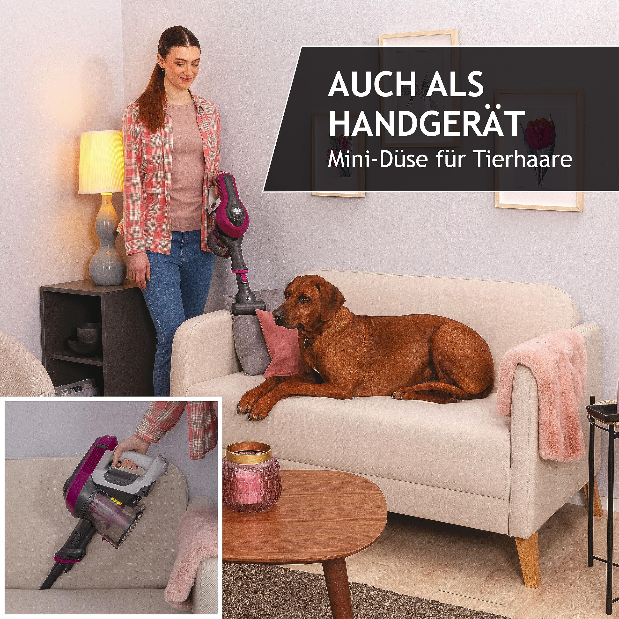 Hoover Akku-Staubsauger ohne Beutel + Tierdüse I bis zu 120 m² mit 1 Akkuladung I Staubsauger kabellos mit LED, XL Staubbehälter & Parkfunktion I Akkusauger mit Fugendüse & Staubbürste [HF110P]