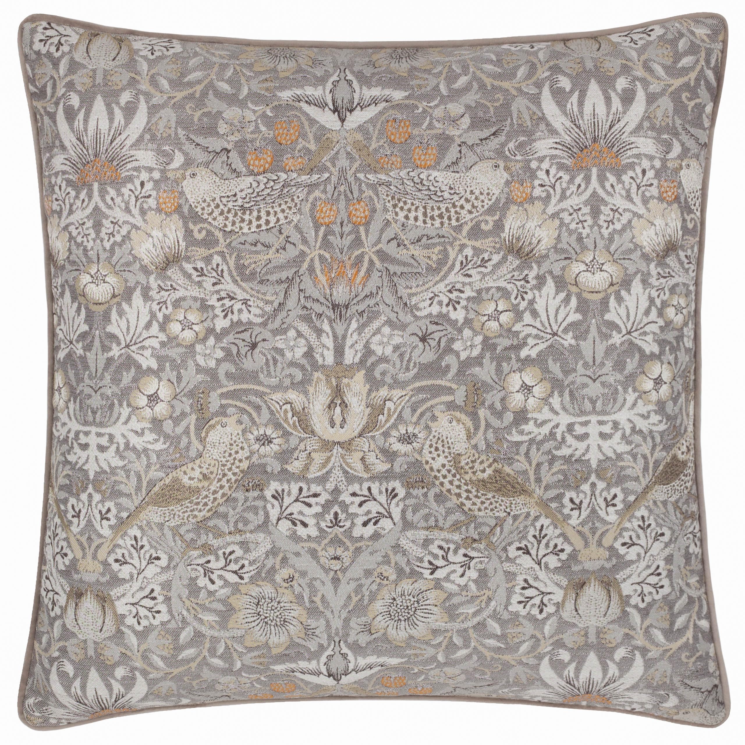 Morris & Co Jacquard Biscuit Morris&Co. Strawberry Thief Feather Rich Filled Cushion – Jacquard Velvet Pillow With Piped Trim (Biscuit - 55X55cm)