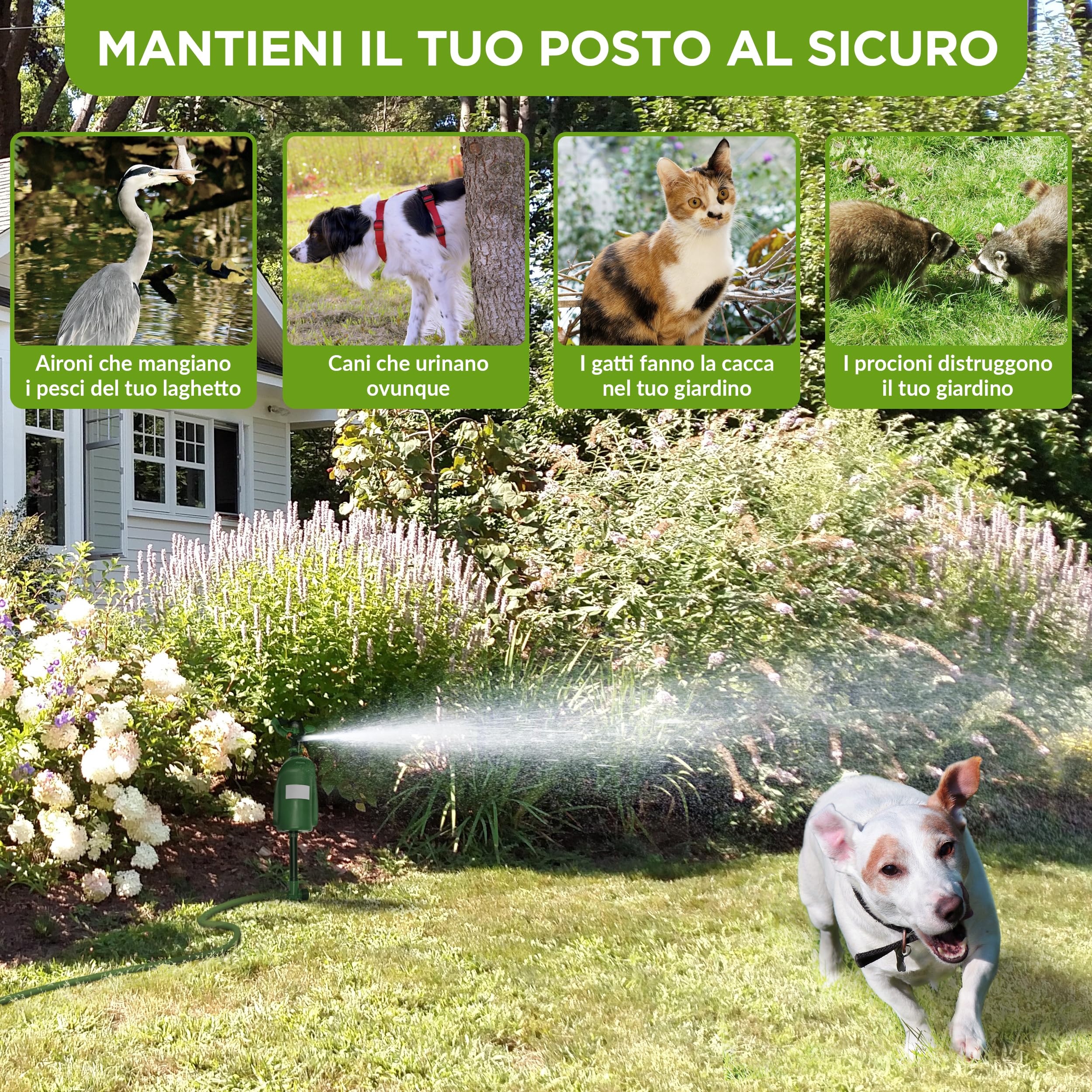 ISOTRONIC dissuasore animali getto d'acqua gatti aironi martore rilevatore movimento 120° raggio regolabile giardino laghetto 2 pezzo efficace esterno spruzzatore automatico difesa protezione stop