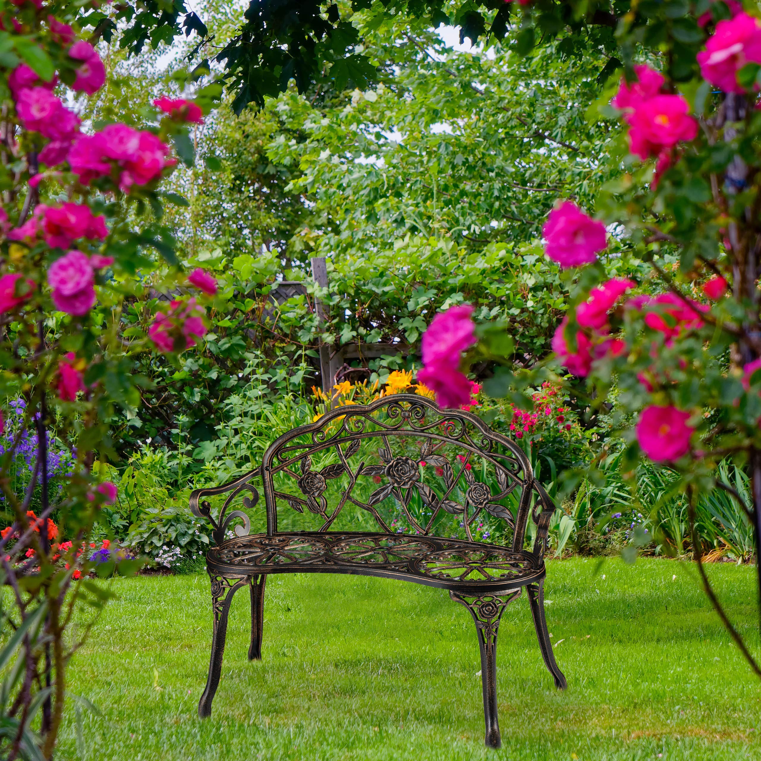 Relaxdays Gartenbank, 2 Sitzer, Rosen, Terrasse, Balkon, Alu & Gusseisen, antike Sitzbank, HBT: 78 x 99 x 52 cm, Bronze, Braun