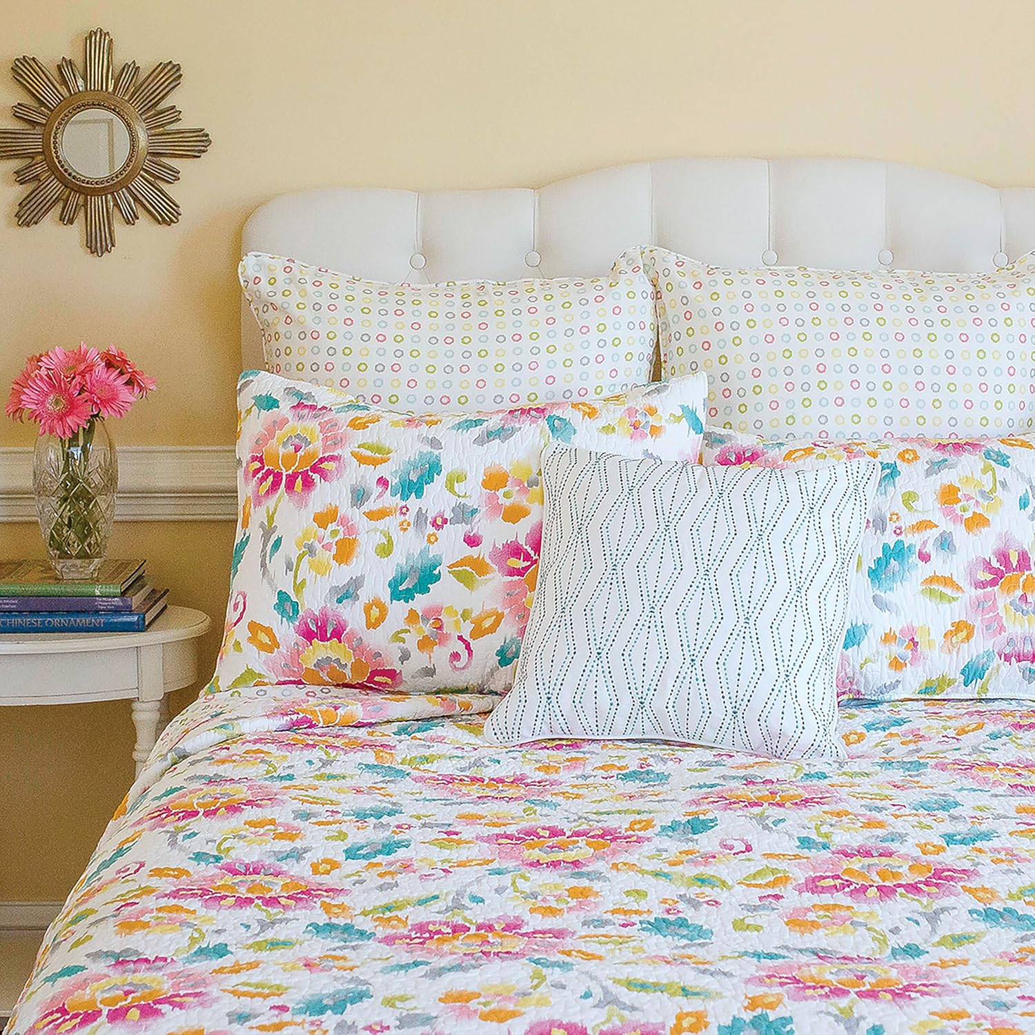 C&F Home Sasha Vibrant Floral Flowers Luxury King 100% Cotton Bed Quilt All Seasons Summer Spring Machine Washable Handcrafted Oversized Reversible Bedspread Coverlet Bedding Bedroom Decor Decoration