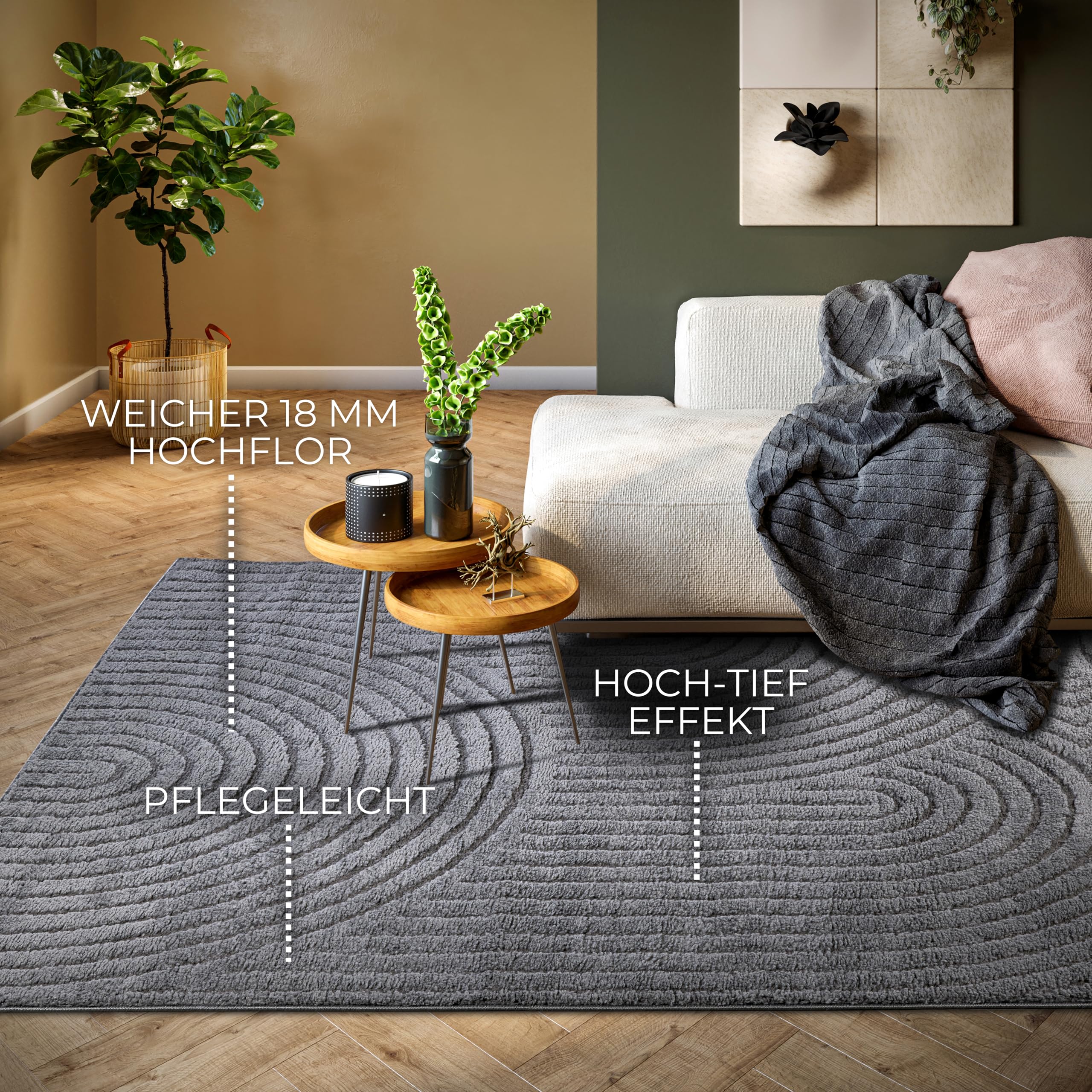 ELLE Decoration Panglao Tapis de Salon Moderne à Poils Courts – Moelleux – Effet très Profond Skandi Boho géométrique, Vagues – Arc – pour Salon, Chambre à Coucher, Cuisine, Anthracite, 160 x 235 cm