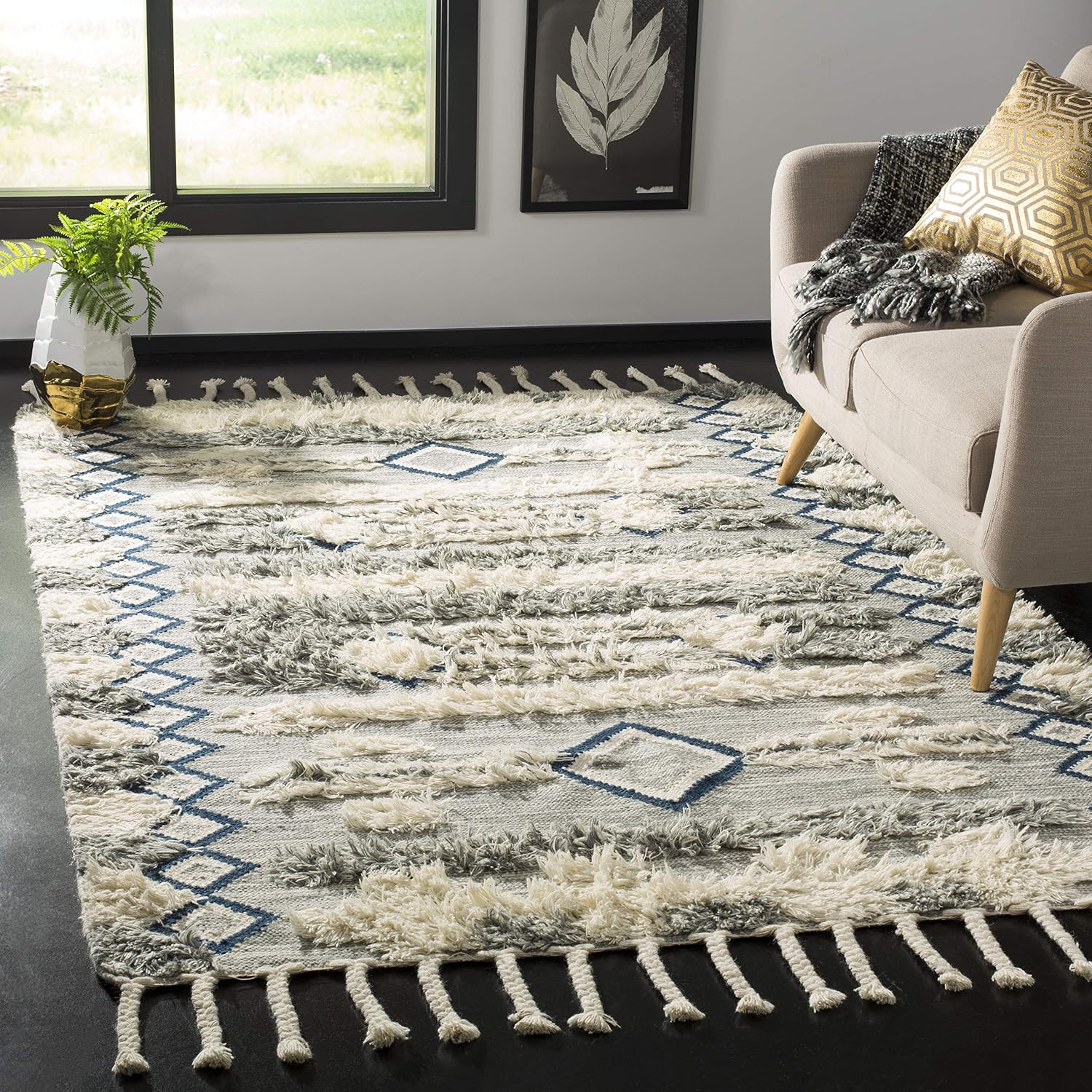 SAFAVIEH Kenya Collection Runner Rug - 2'3" x 8', Grey & Ivory, Hand-Knotted Moroccan Tribal Tassel Wool, Ideal for High Traffic Areas in Living Room, Bedroom (KNY909F)