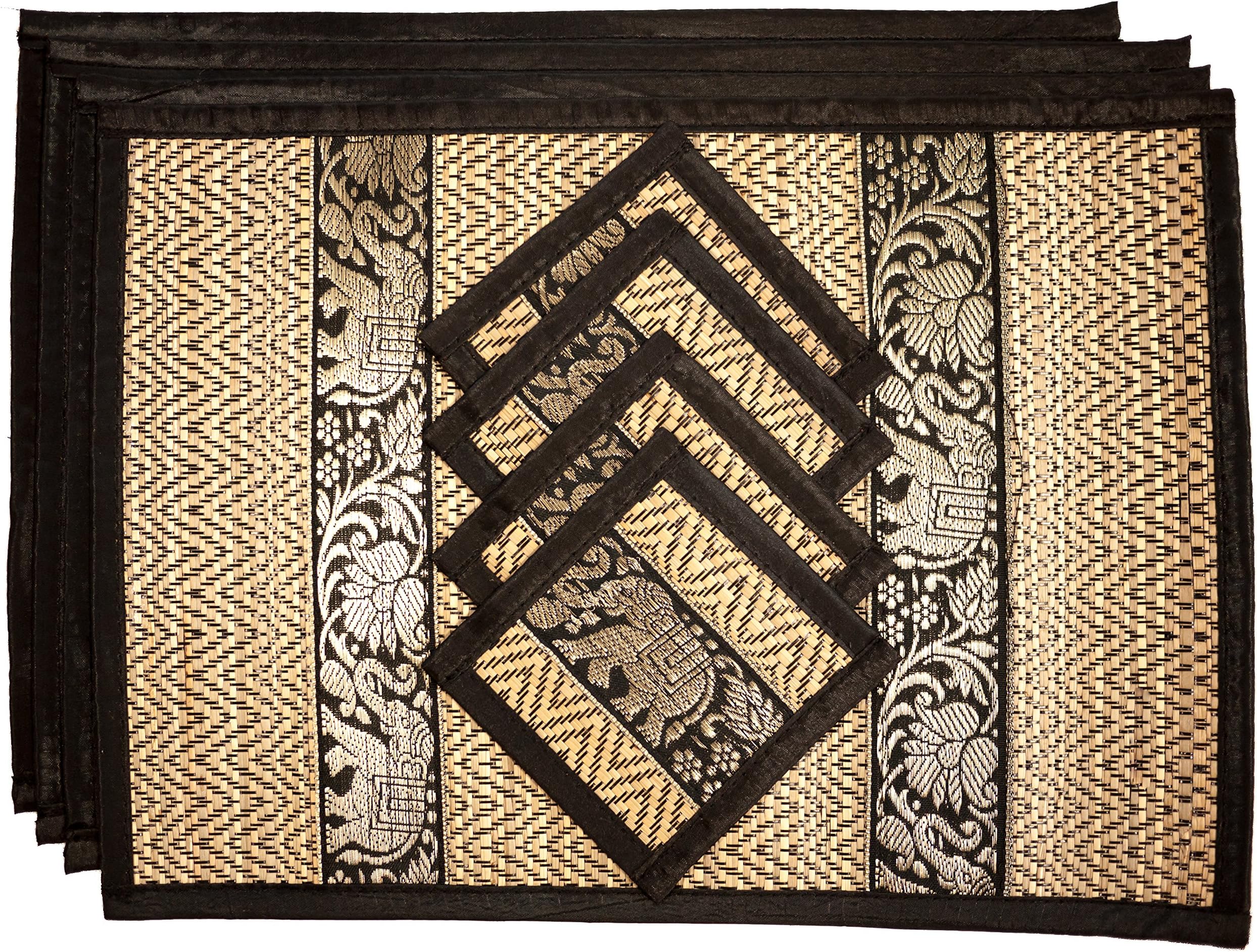 Hand-Woven Wicker Reed Placemats Coaster Set Eco-Friendly Alternative to Plastic Heat Resistant Thai Style Durable Easy to Clean for Dining Table Set of 4 (Medium, Black)