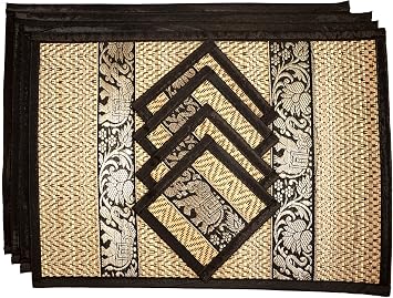 Hand-Woven Wicker Reed Placemats and Coaster Set - Eco-Friendly Alternative to Plastic - Heat Resistant - Thai Style - Durable and Easy to Clean - Perfect for Dining Table D cor - Set of 4 Medium Black