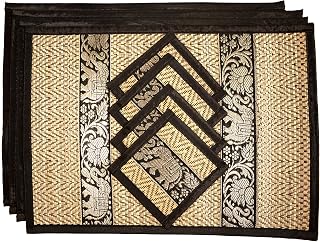 Hand-Woven Wicker Reed Placemats Coaster Set Eco-Friendly Alternative to Plastic Heat Resistant Thai Style Durable Easy to Clean for Dining Table Set of 4 (Medium, Black)