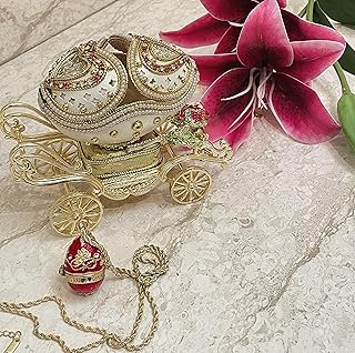 Vintage 1988 HANDCARVED Ruby Faberge Egg Russian Music Box Fabergé egg Gold Silk Linked Trinket + Faberge Egg Pendant Style Necklace Gold Anniversary present for wife Christmas Gift Ideas Birthday
