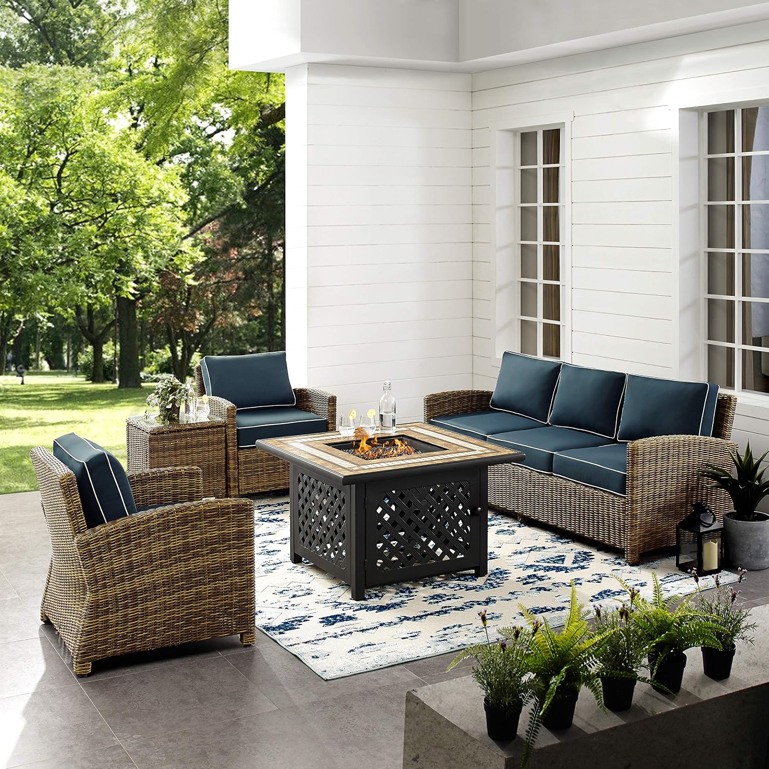 Crosley Furniture Bradenton 5-Piece Wicker Outdoor Sofa Patio Furniture Set with Propane Gas Fire Pit Table, Brown with Navy Cushions