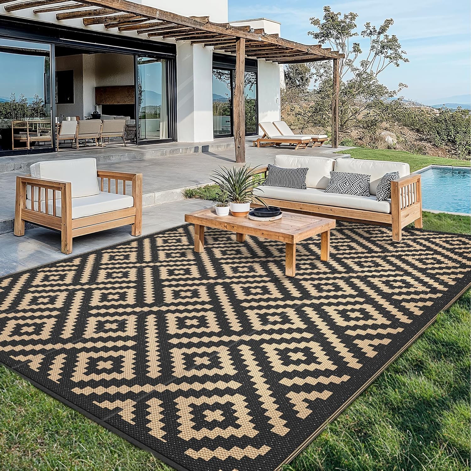 sarben Outdoor Rug for Patio - Waterproof Plastic Straw Camping Rugs 10x14 ft, Reversible Outdoor Indoor RV Mat Carpet for Patio, Porch, Deck, Balcony, Picnic, Beach, Black Brown