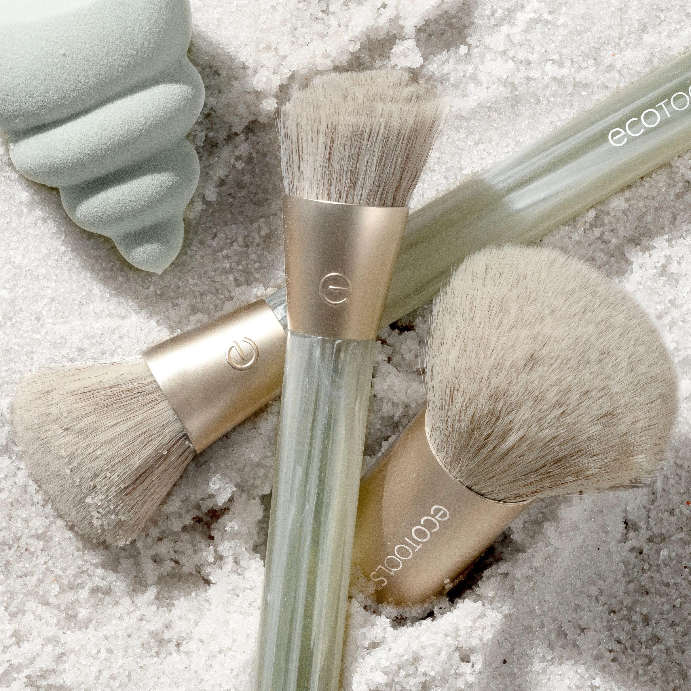 EcoTools Sea Gems Face Makeup Brush & Sponge 4 Piece Set, Eco-Friendly Makeup Brushes & Makeup Sponge, For Foundation, Blush, Contour, & Setting Powder, Recycled Plastic, Cruelty-Free Tools