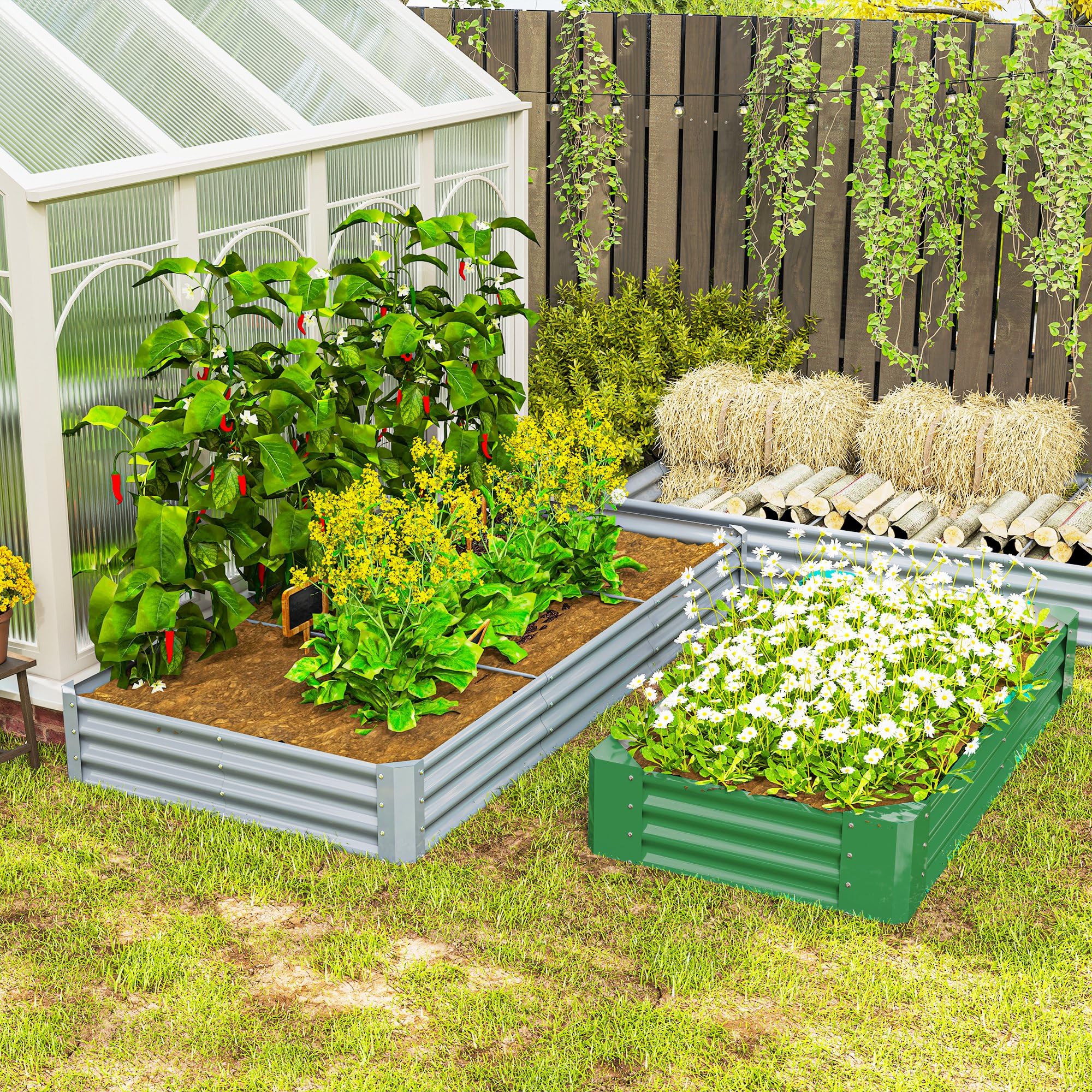 Outsunny Carré Potager rectangulaire, lit de Jardin surélevé en Acier galvanisé, Fond Ouvert, jardinière avec Bord Anti-Coupure Barres de Soutien, 240 x 120 x 30 cm, Gris argenté