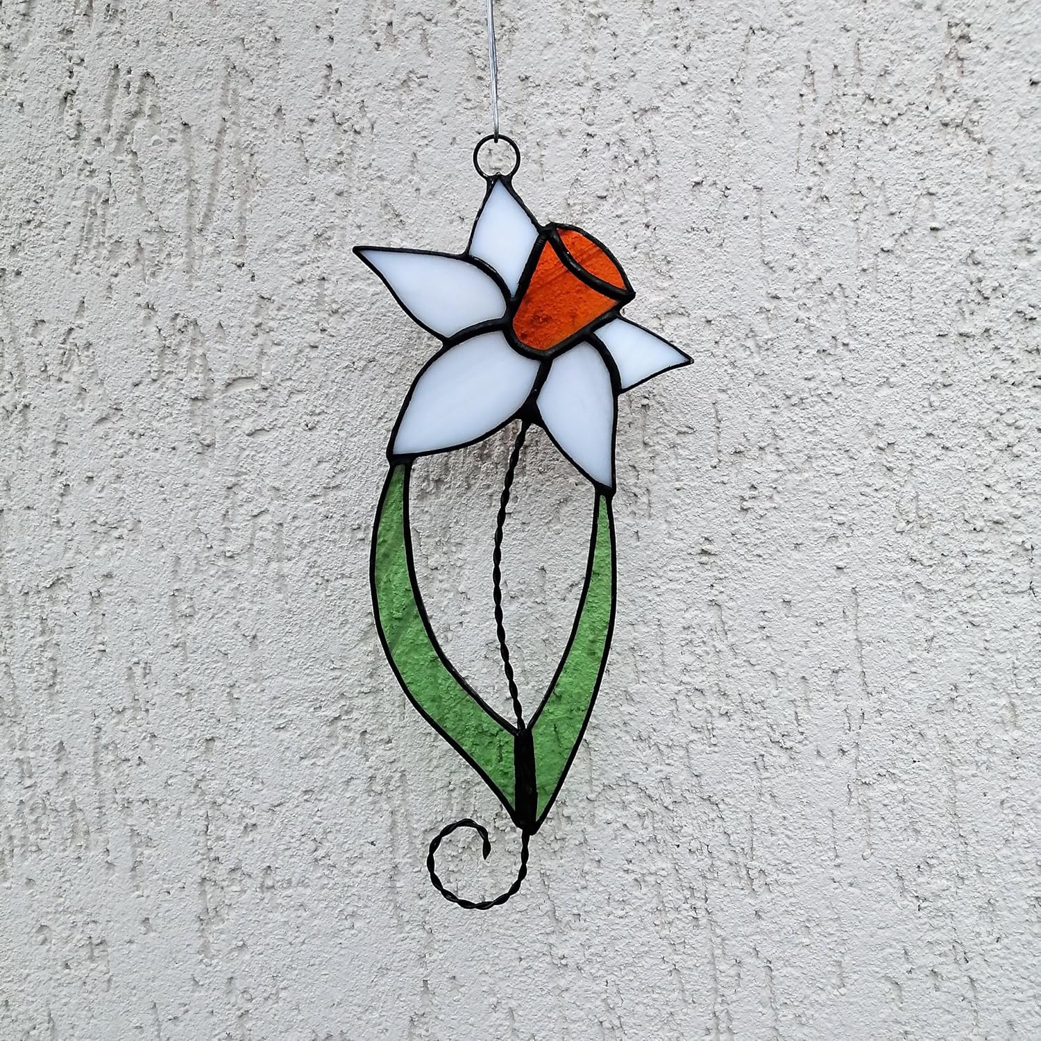 Daffodil on Stem with Leaves Stained Glass Suncatcher Window Hanging or Wall Decor, Decorative Handmade Narcissus Sun Catcher, Handcrafted Flower Ornament Orange White, Mom Birthday Gift from Daughter
