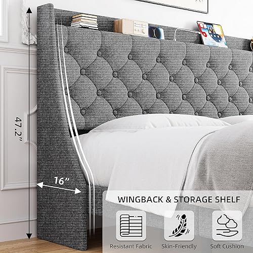 Miniatura 5 de Senfot Base de cama tamaño King con puertos de carga y estante de almacenamiento, plataforma tapizada con cabecera con respaldo alado, no necesita