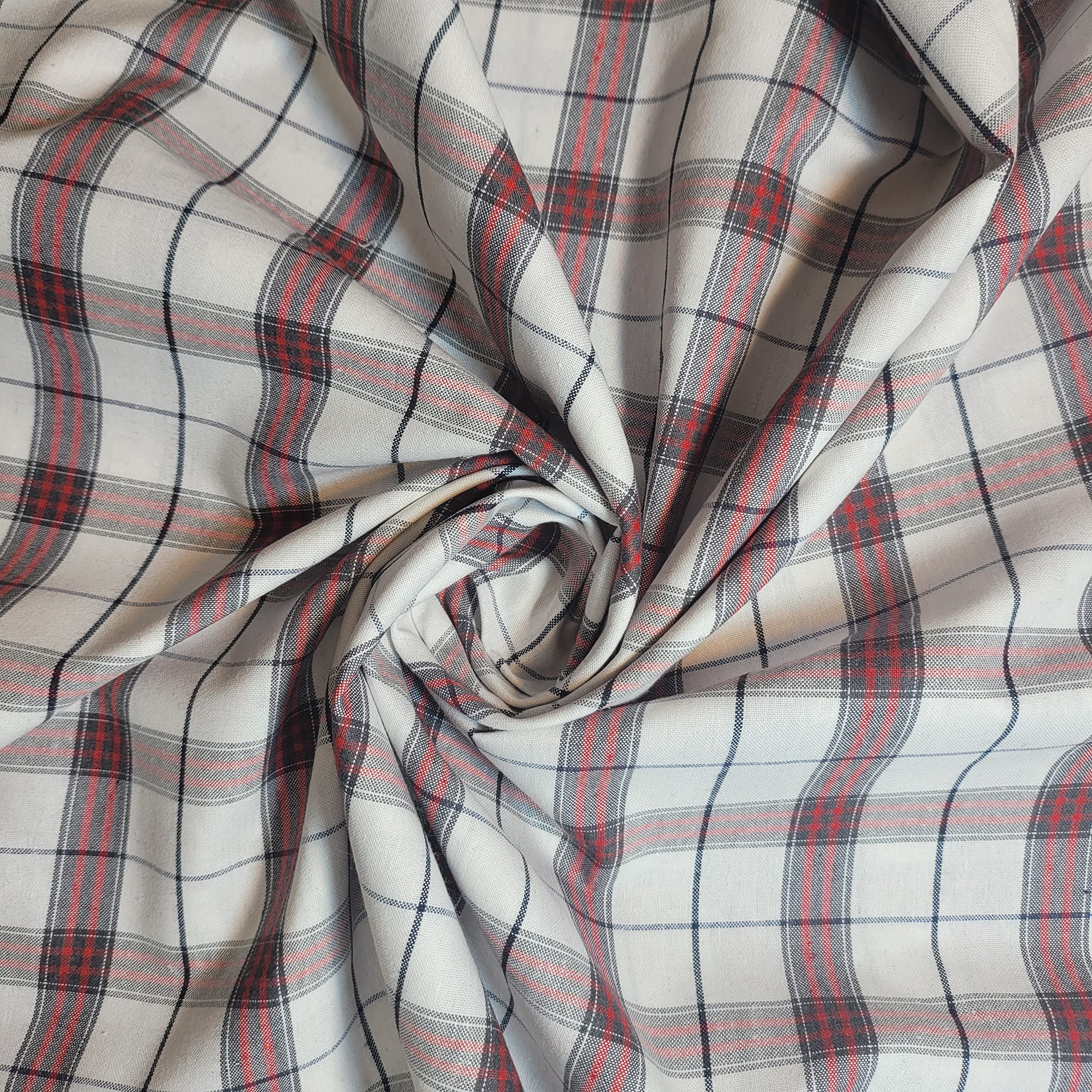 Textile Station 100% Cotton Soft Tartan Stripes Print Fabric Dress Craft Soft Fabric 58" Wide Available in 10 Designs (White Red Double Tartan, 1 Meter)