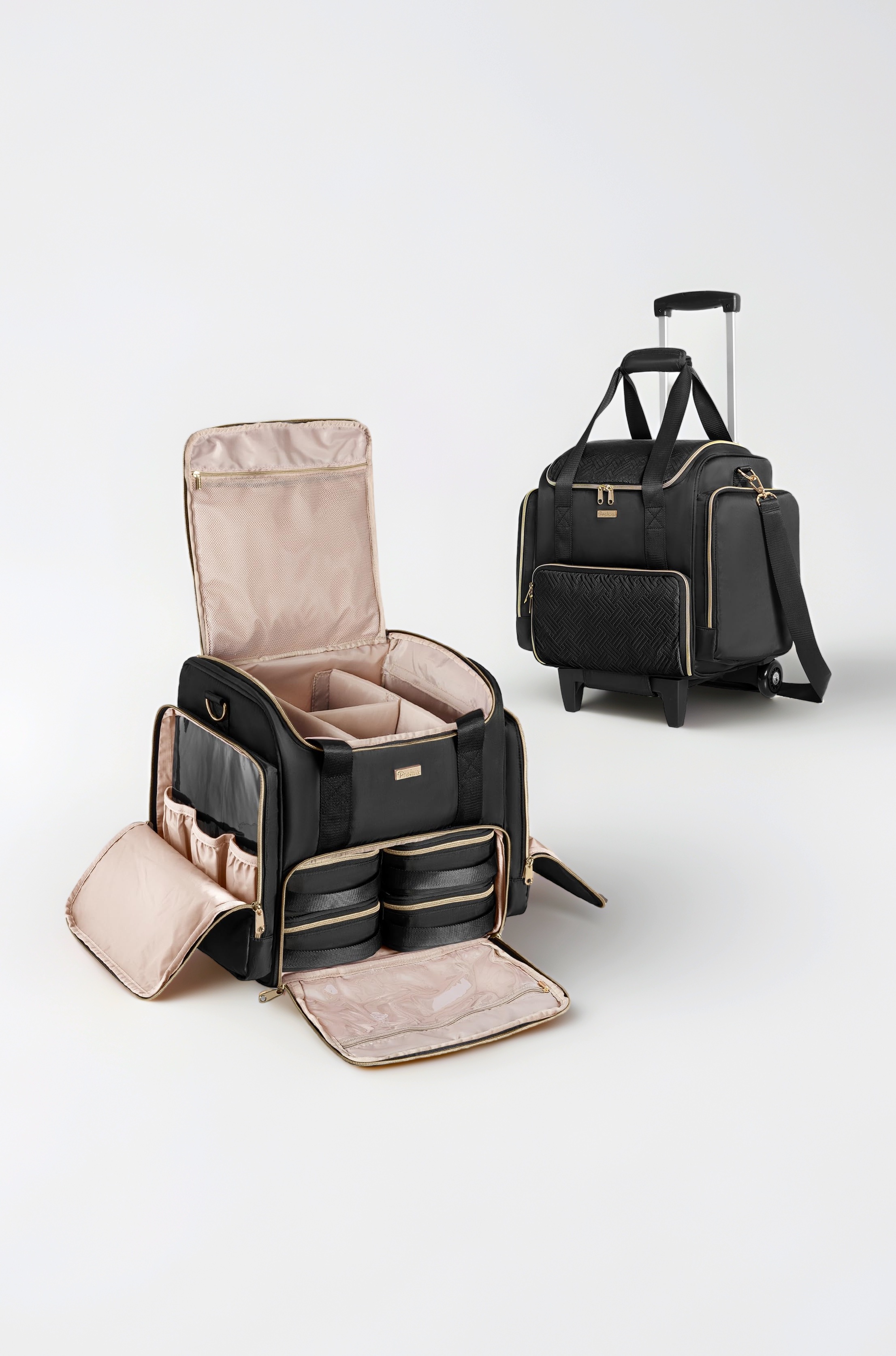 Prokva Rolling Makeup Case with 4 Removable Bags, Professional Makeup Train Case with Wheels, Makeup Artist Travel Bag with Brushes Storage Section (Patent Design), Black, Detachable Trolly Makeup Train Case