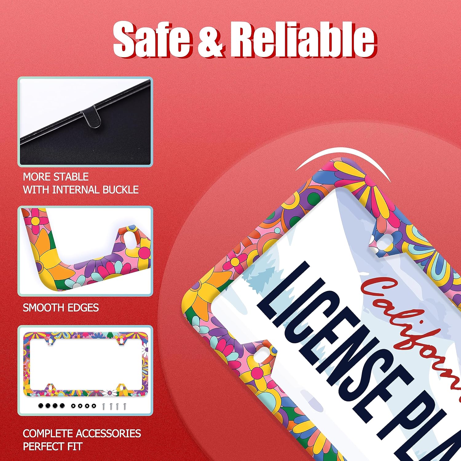 Hippie Flowers License Plate Frame Cute Floral License Plate Colorful Stainless Steel Funny Auto Parts Beautiful License Plate Decoration with Holes Screws Size 12.3" x 6.3"