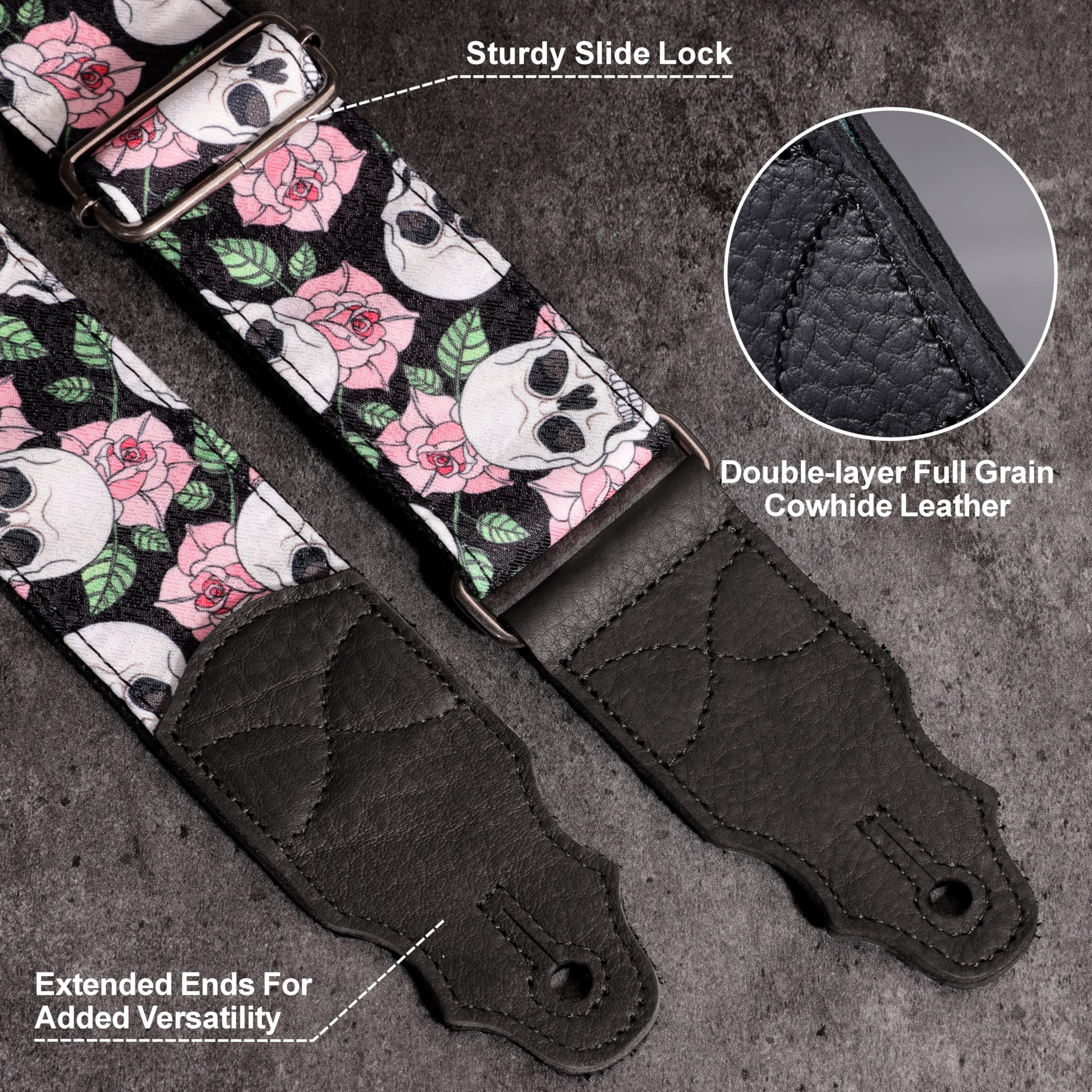 YIKOKO Guitar Strap Skull & Roses, Halloween Gifts, 2" Guitar Straps for Acoustic and Bass Electric Guitars Free Button - Image 2