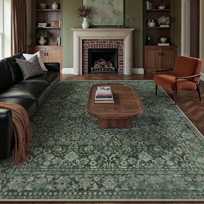 8x10 Machine Washable Rugs Dark Green Hallway Large Area Rug Indoor Accent Rug Floral Low Pile Carpet Soft Throw Aesthetic Rug Bedroom Living Room Office Dining Room Kitchen Laundry Room