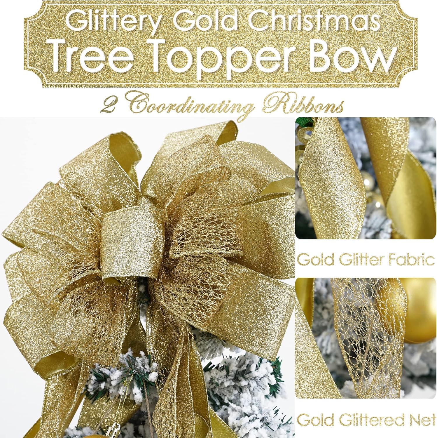 MEEDEE Gold Christmas Tree Topper Gold Glitter Christmas Bows 12" Wide Snowflake Ribbon Bow Gold Christmas Bows Gold Christmas Topper Large Gold Bows for Christmas Tree Decoration (1 Pack) - Image 2