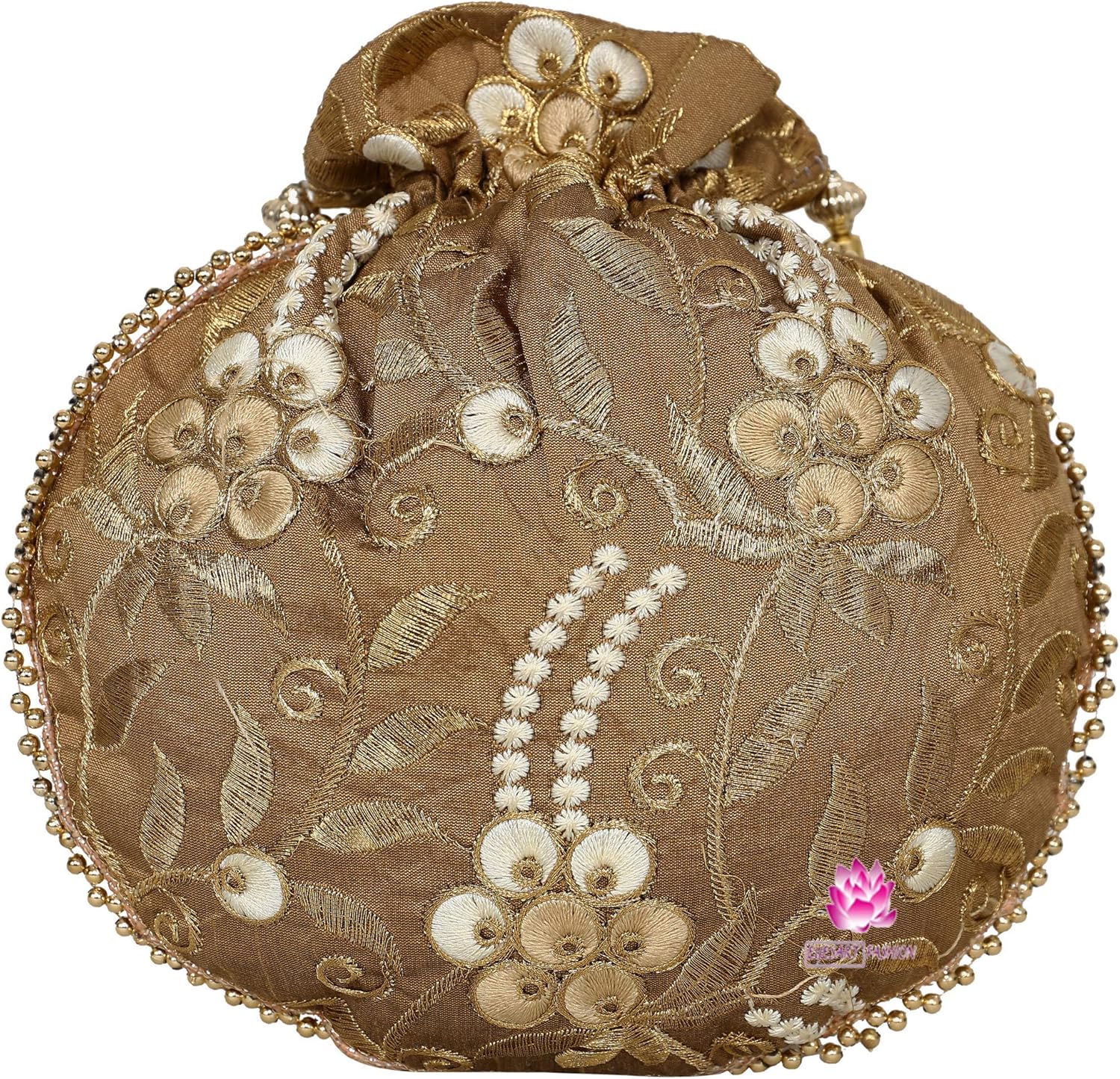 Potli Bag for Women Ethnic Gold, Pearl Handle Floral Accents, Drawstring Closure Pearls Handle Batwa Clutch Purse - Image 3