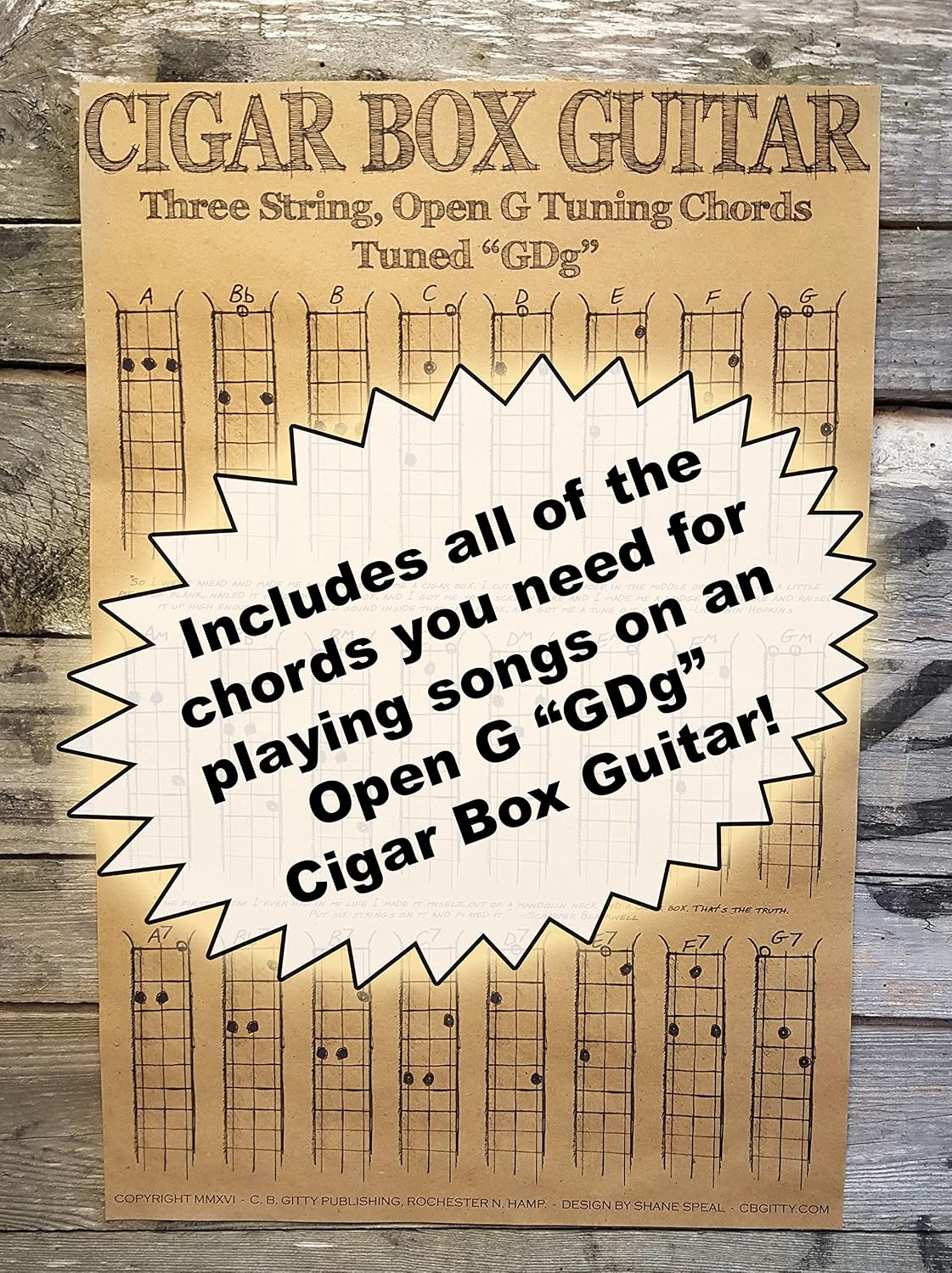 C. B. Gitty Chords Poster for 3-string Cigar Box Guitars - all the most popular chords for Open G GDG Tuning