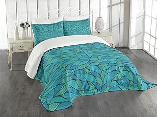 Ambesonne Teal Bedspread, Abstract Wave Design Ocean Themed Marine Life Pattern Print, Decorative Quilted 3 Piece Coverlet Set with 2 Pillow Shams, King Size, Mint Green