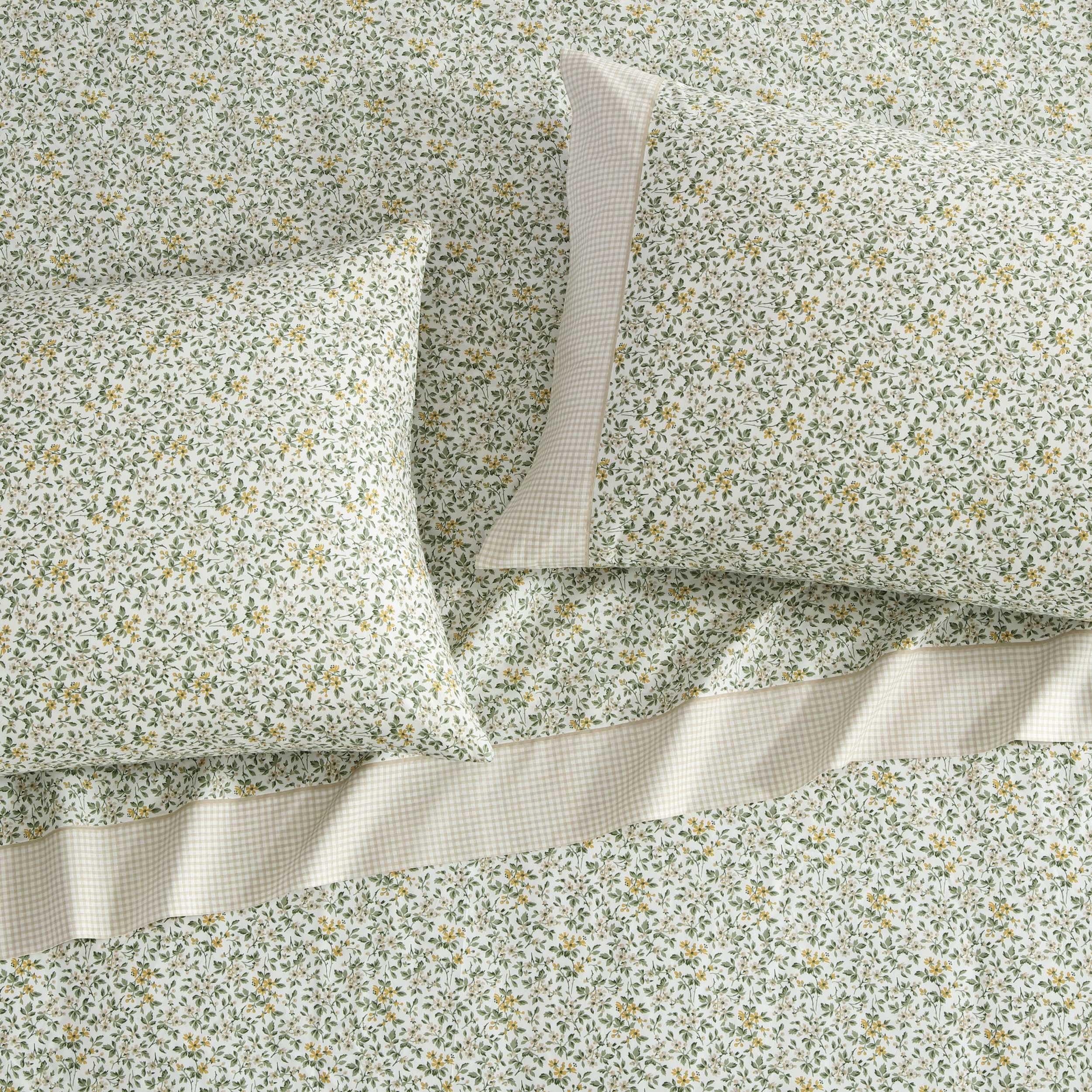 Laura Ashley - Juego de sábanas tamaño Queen, Ropa de Cama de algodón percal Transpirable con Bolsillos Profundos, decoración Elegante para el hogar, Certificado Oeko-Tex (Tierney Green, Queen)