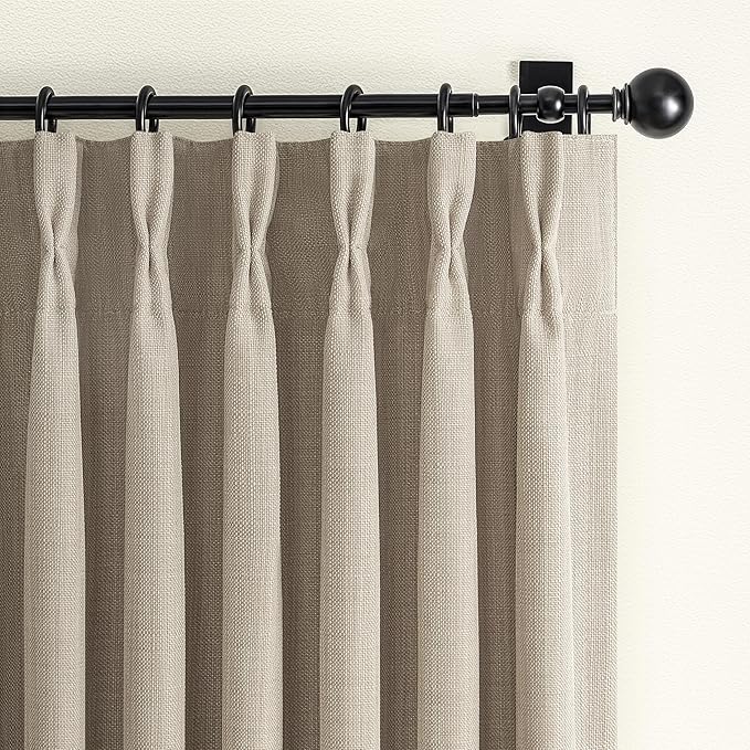 Greyish Beige Extra Long Black Out 108 Inch Curtains for Bedroom, Modern Pinch Pleated Textured Linen Light Blocking Window Drapes 2 Panels Set with Hooks Rings for Dining Room 9 FT Taupe Large Burg