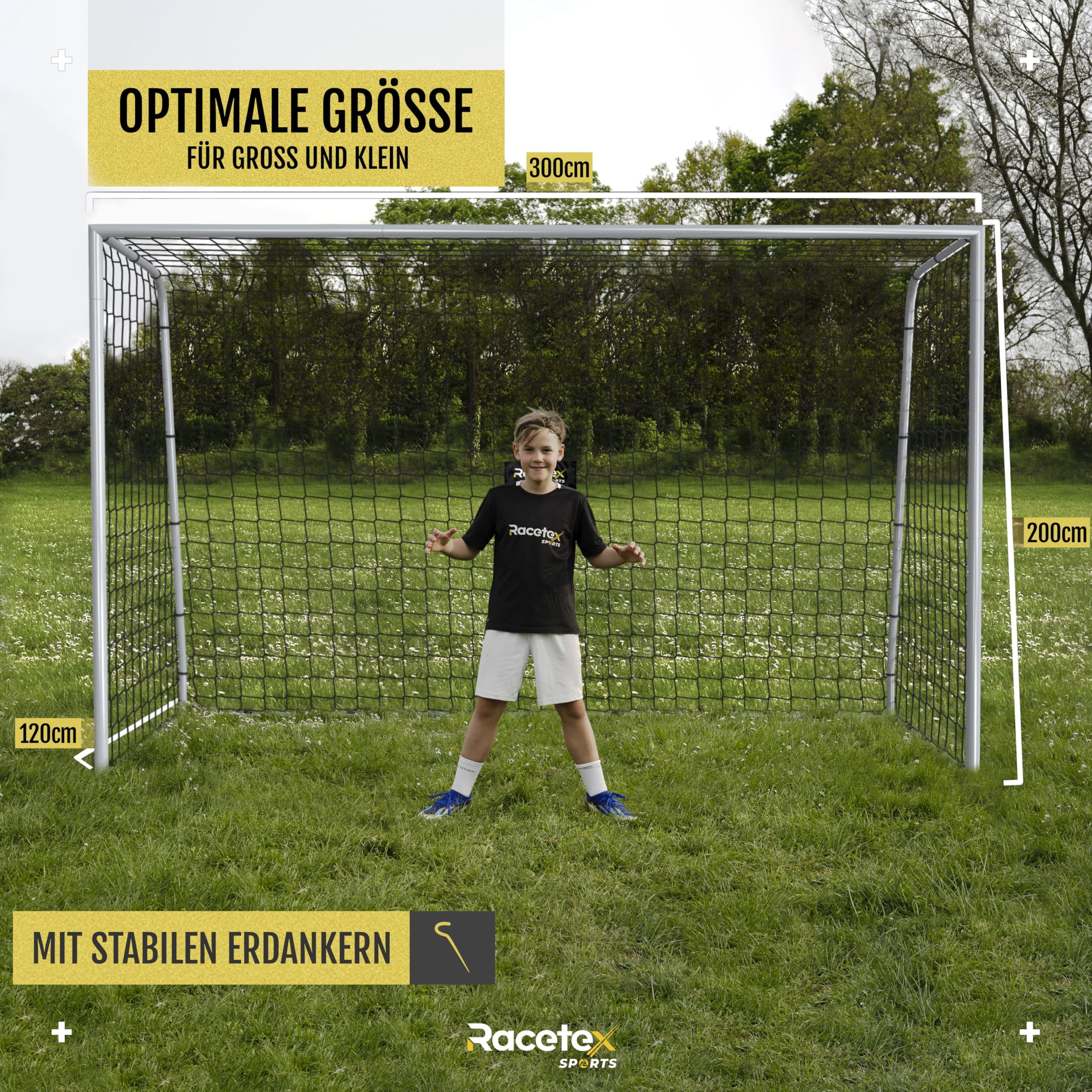 Racetex Fussballtore für Garten Kinder [WETTERFEST] - Fußballtor Kinder und Erwachsene mit stabilem Metallrahmen und Erdankern – Komfortabel aufzubauendes Fußball Tor
