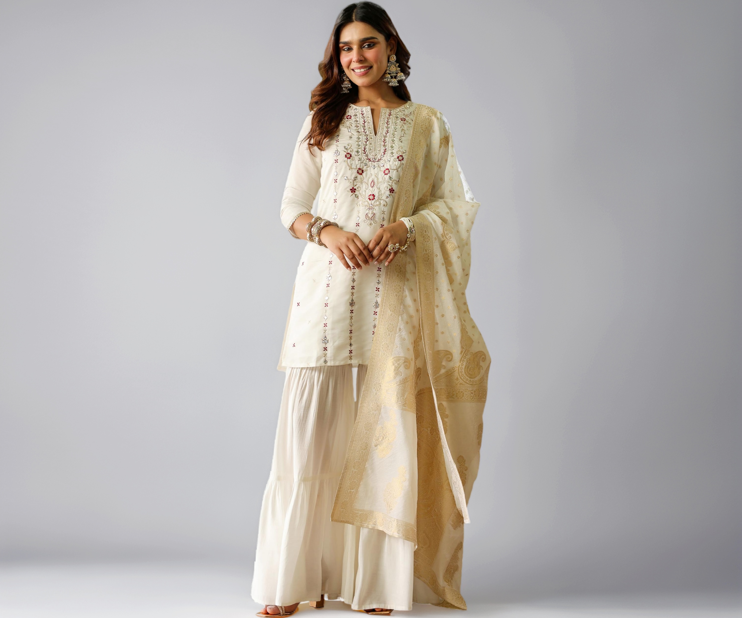 Janasya Women's Off White Chanderi Silk Embroidered Mirror Work Kurta 