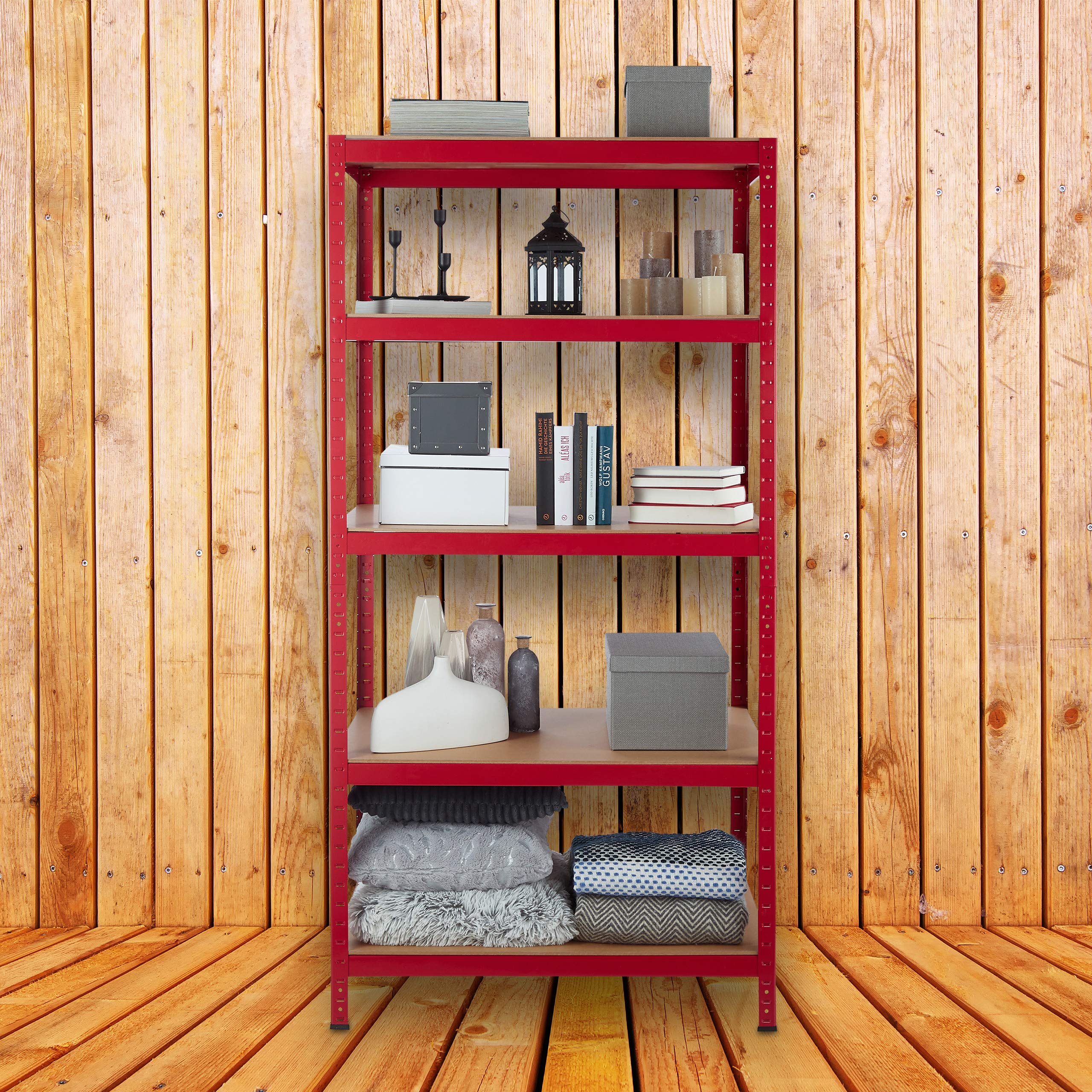 Relaxdays Étagère charge lourde, Meuble rangement à clip, Cave charge 1325 kg, garage, 180x90x60 cm, métal, MDF, rouge