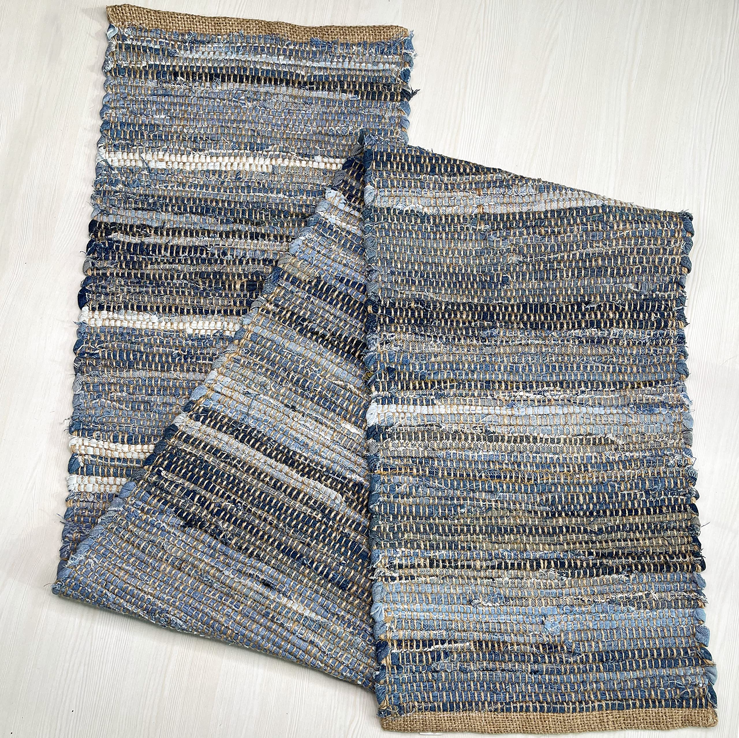 Chardin Home 14x72 Inch Handcrafted Table Runner – Natural Jute and Denim Chindi – Rustic Boho Farmhouse Table Decor – Sustainable Dining Table Accent for Everyday or Special Occasions