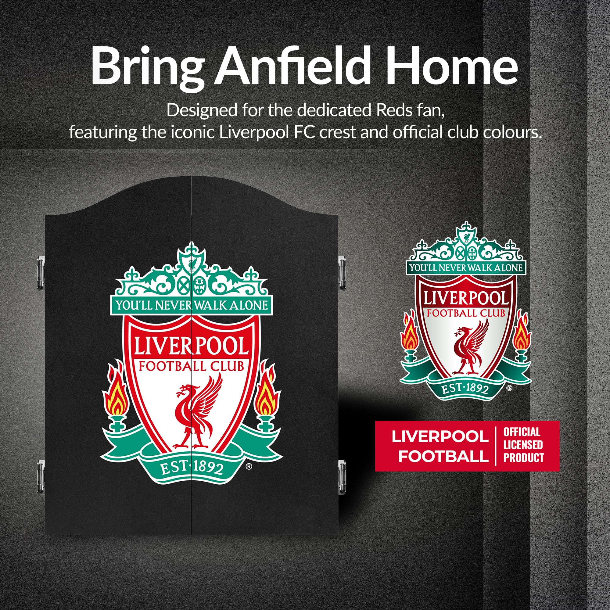 FOCO Gabinete de dardos y diana con licencia oficial del Liverpool Football Club The Reds, escudo del club, negro (CAB076)
