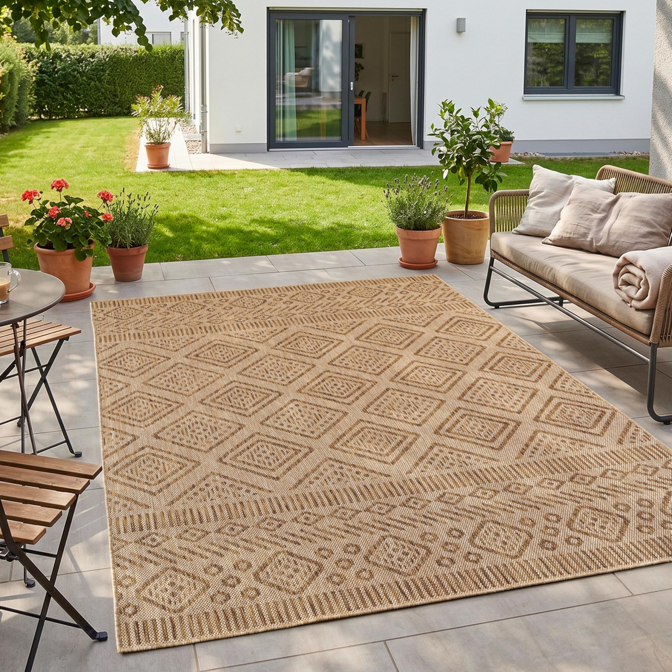 HomebyHome Outdoor Teppich Beige Balkon Terrasse Garten Wetterfest UV-beständig Teppich Einfarbig Flachgewebe Pflegeleicht Robust Modern