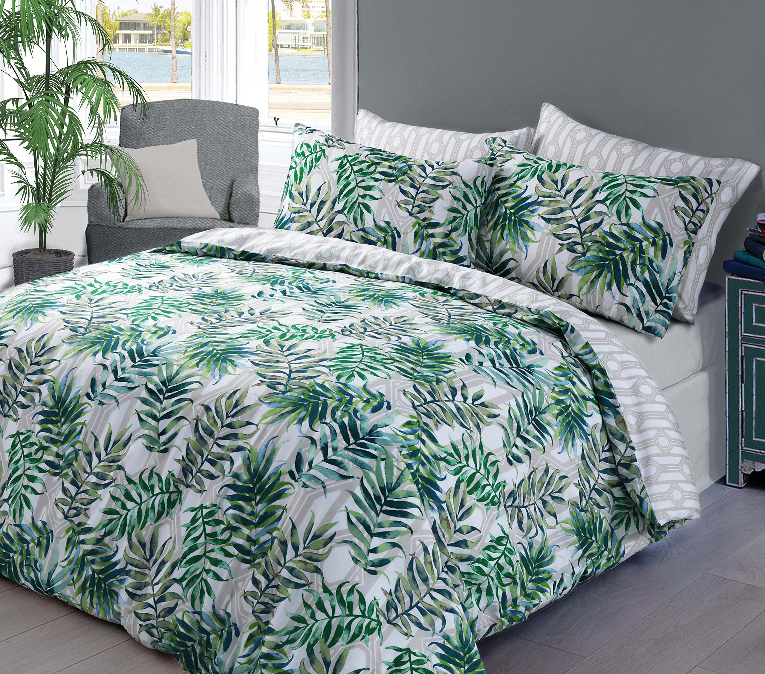 Palm Green Tropical Leafs Check Pattern Duvet Quilt Cover + PillowCases Super King
